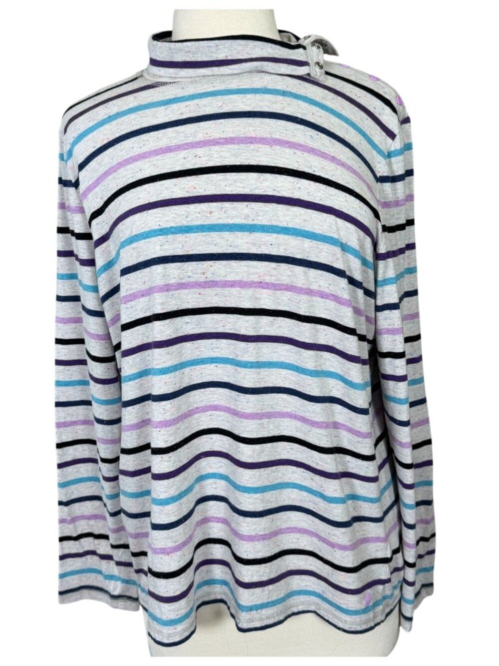 T by Talbots Multicolor Stripe Donegal Funnel Mock Pullover Top Snap Shoulder XL